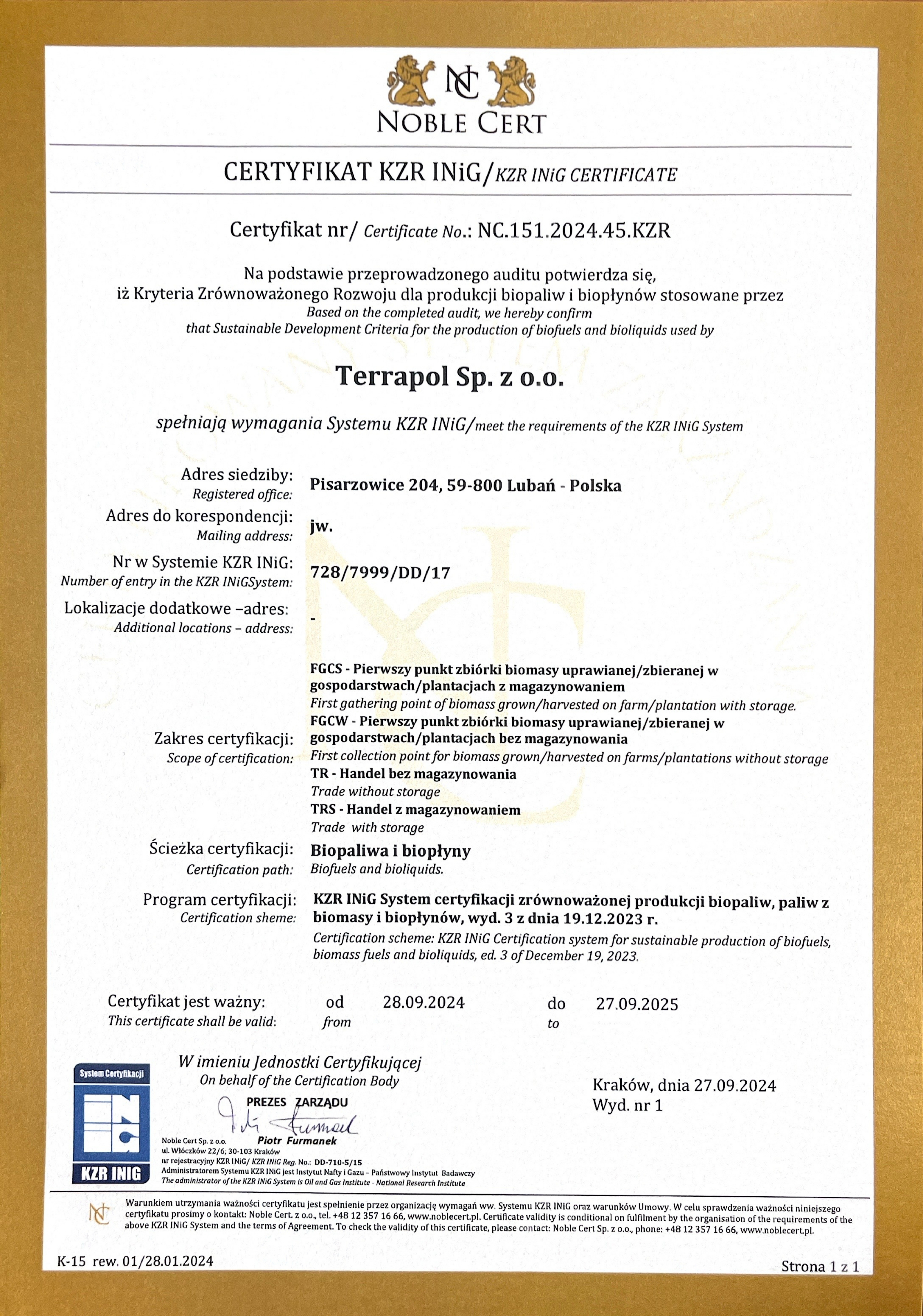 Certyfikat KZR INiG Agro-Farm